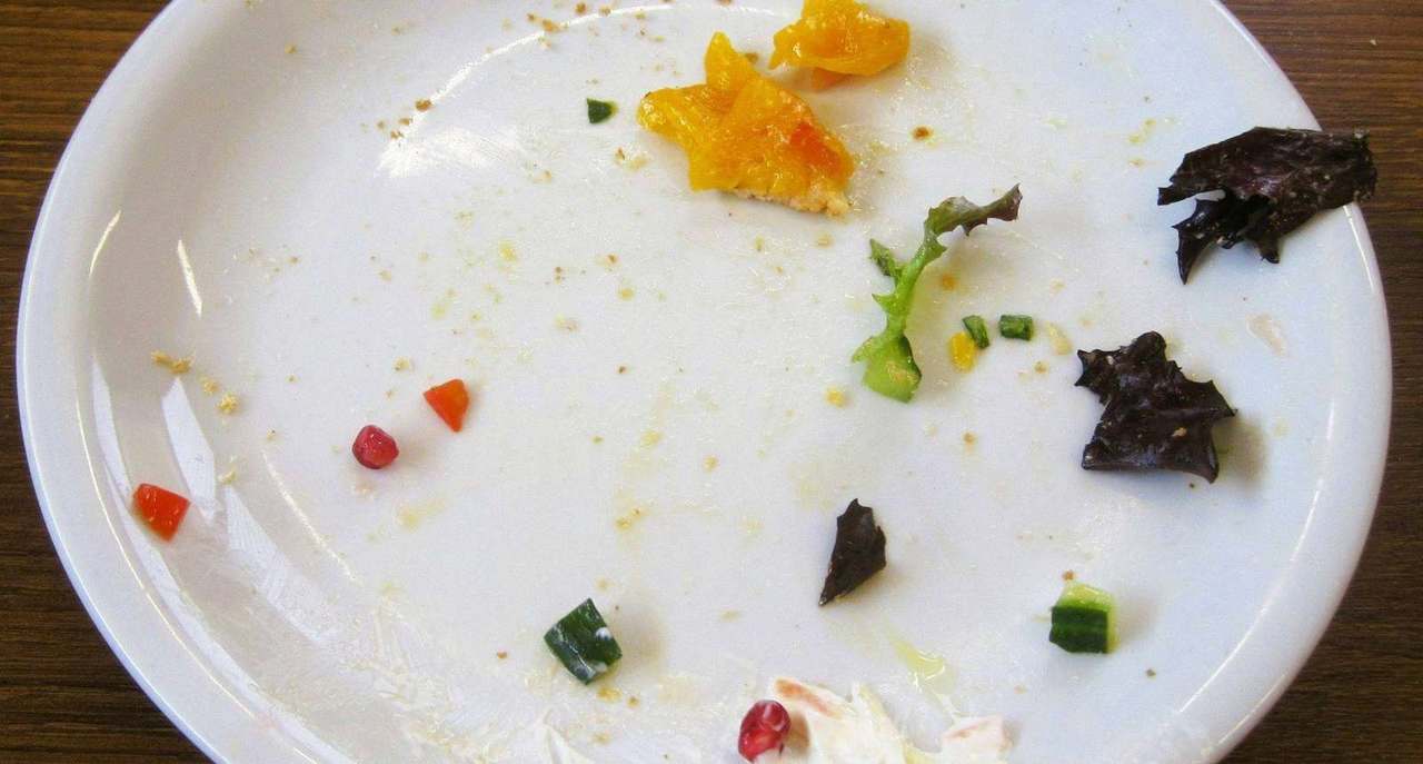 Empty white plate with scattered food scraps and garnish