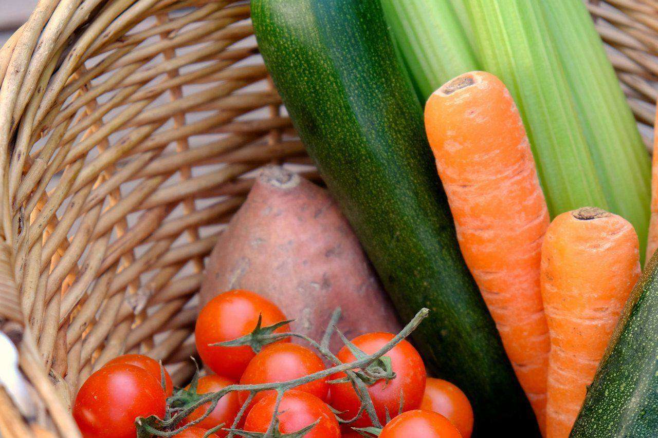 Overhead basket of celery, zucchini, carrots and tomatoes