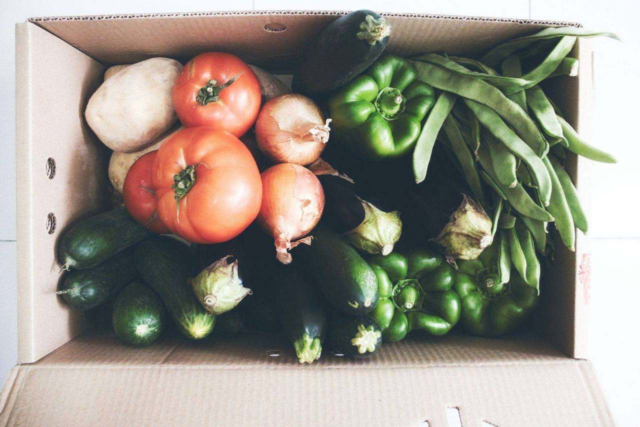 Cardboard box packed with fresh mixed vegetables overhead